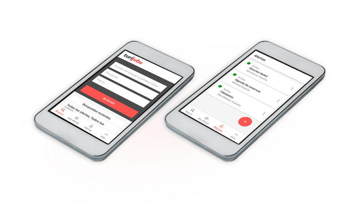 Dos teléfonos mostrando diferentes pantallas de la aplicación Turijobs